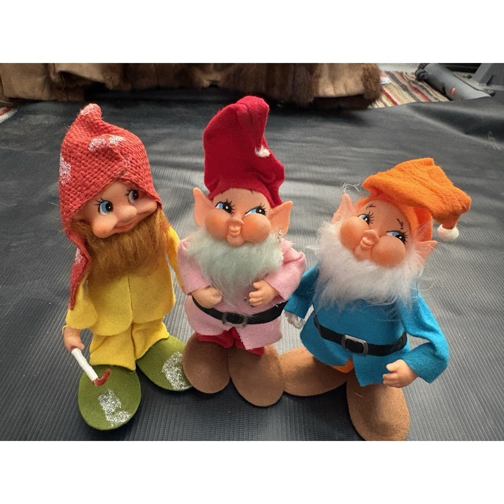 3 Rare Vintage Puffy Cheek Elf Ornaments Christmas Rubber Felt Japan 7" Kitsch